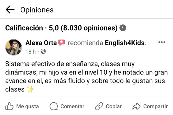 Comentario de Facebook de un padre de familia de English4Kids