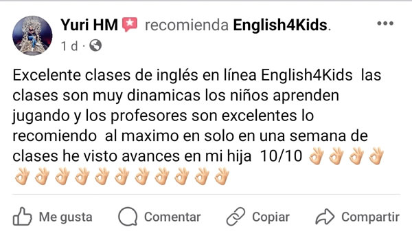 Comentario de Facebook de un padre de familia de English4Kids