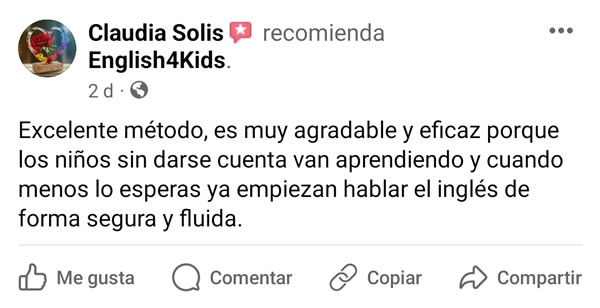 Comentario de Facebook de un padre de familia de English4Kids