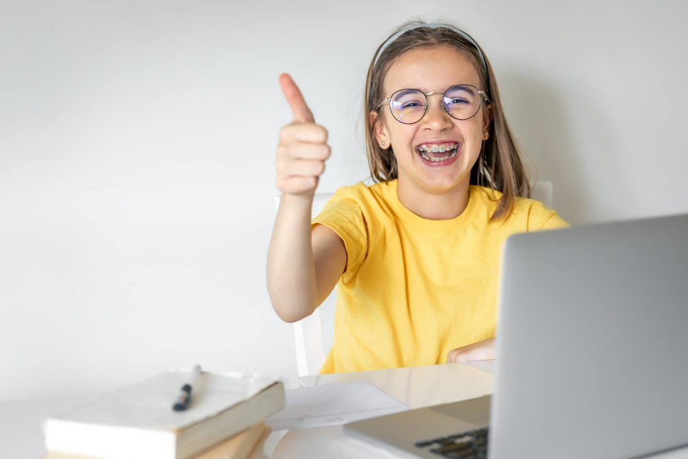 Niña tímida aprendiendo inglés con confianza