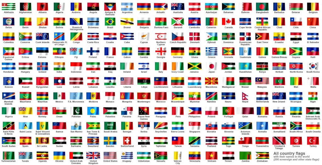Países en inglés con sus banderas