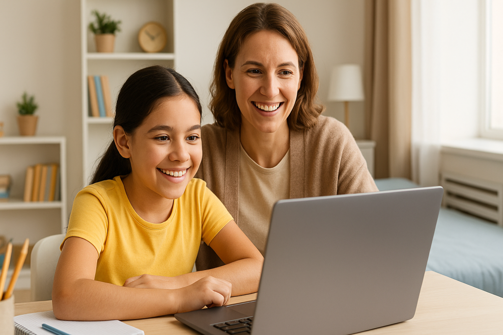 Niña estudiando inglés con una coach motivadora