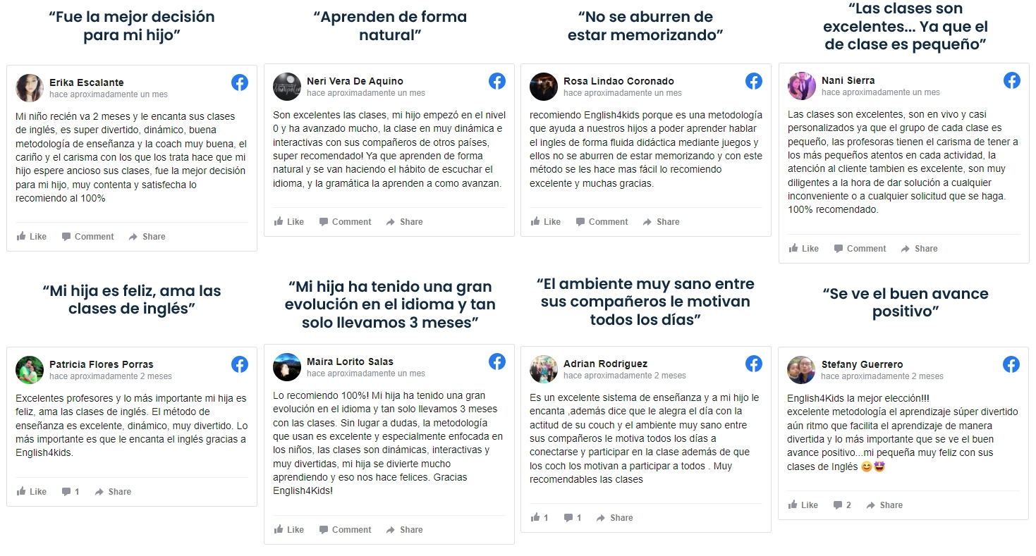 Testimonios de padres satisfechos con English4Kids