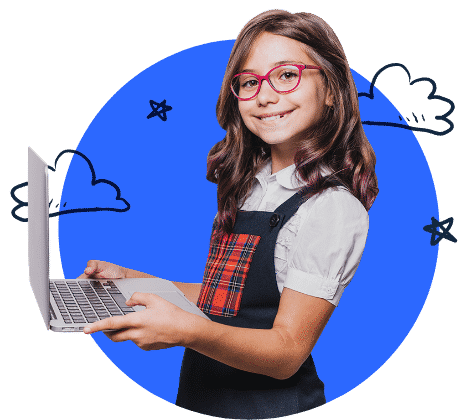 Niña feliz aprendiendo inglés en una clase en línea