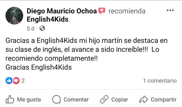 Comentario de Facebook de un padre de familia de English4Kids