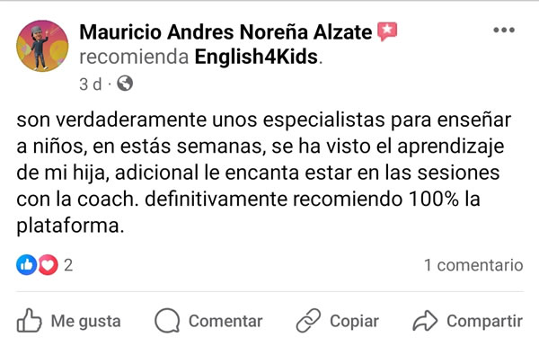 Comentario de Facebook de un padre de familia de English4Kids