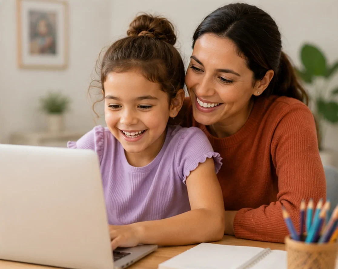 Mamá e hija sonriendo frente al computador en una clase de inglés online con English4Kids