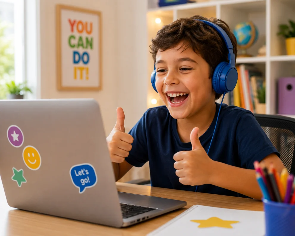 Niño celebrando frente al computador en su clase de inglés online
