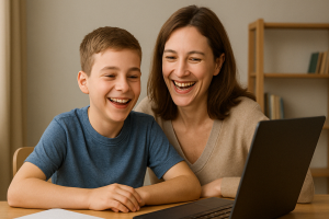 niño y mamá haciendo un video test de inglés