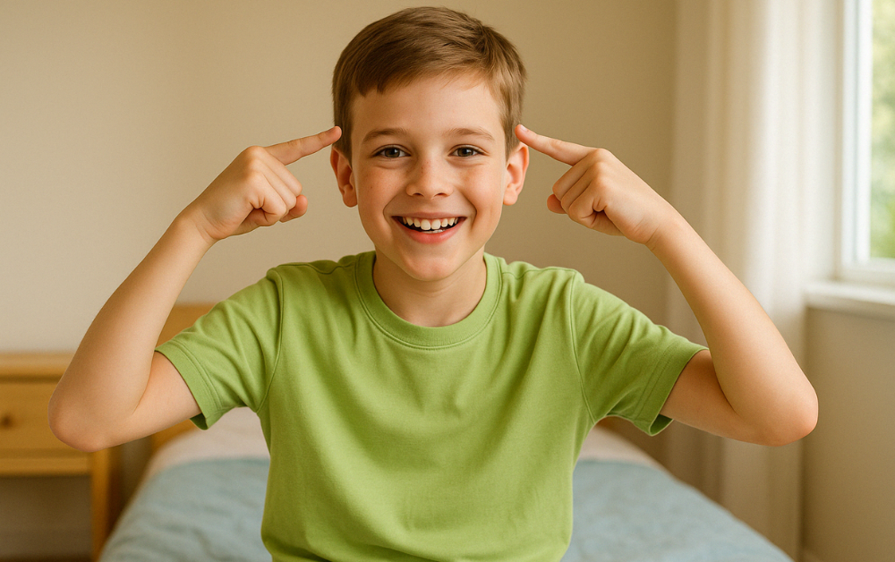 Niño feliz que tiene una gran capacidad para aprender inglés