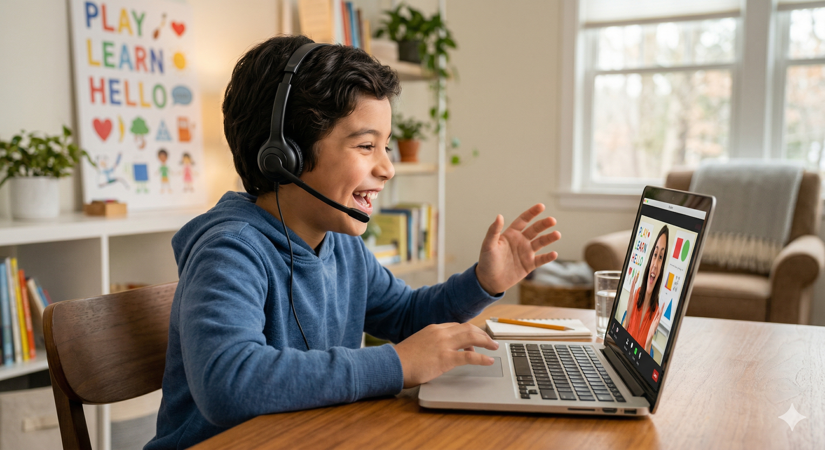 Nino feliz aprendiendo en una clase en línea