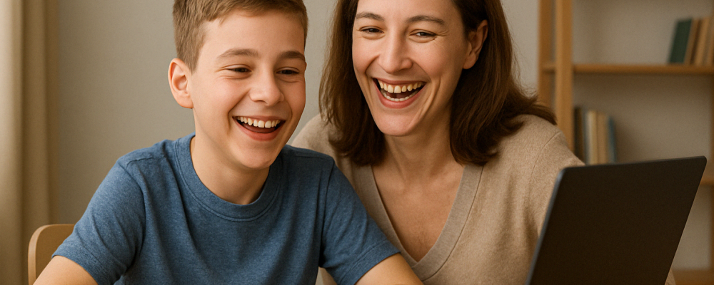 niño y mamá haciendo un video test de inglés