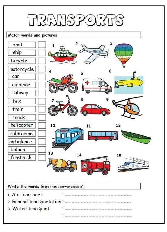 Ejercicios de transporte en inglés - English4Kids